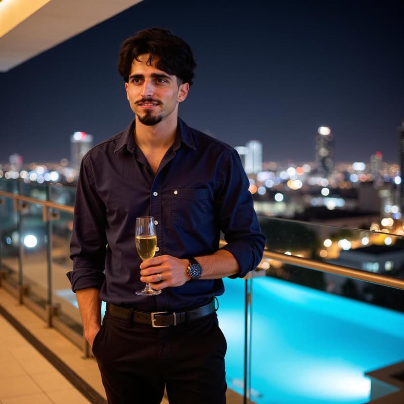 Rooftop portrait with city nightlife backdrop for Hinge dating profile Rooftop portrait with city nightlife backdrop for Hinge dating profile